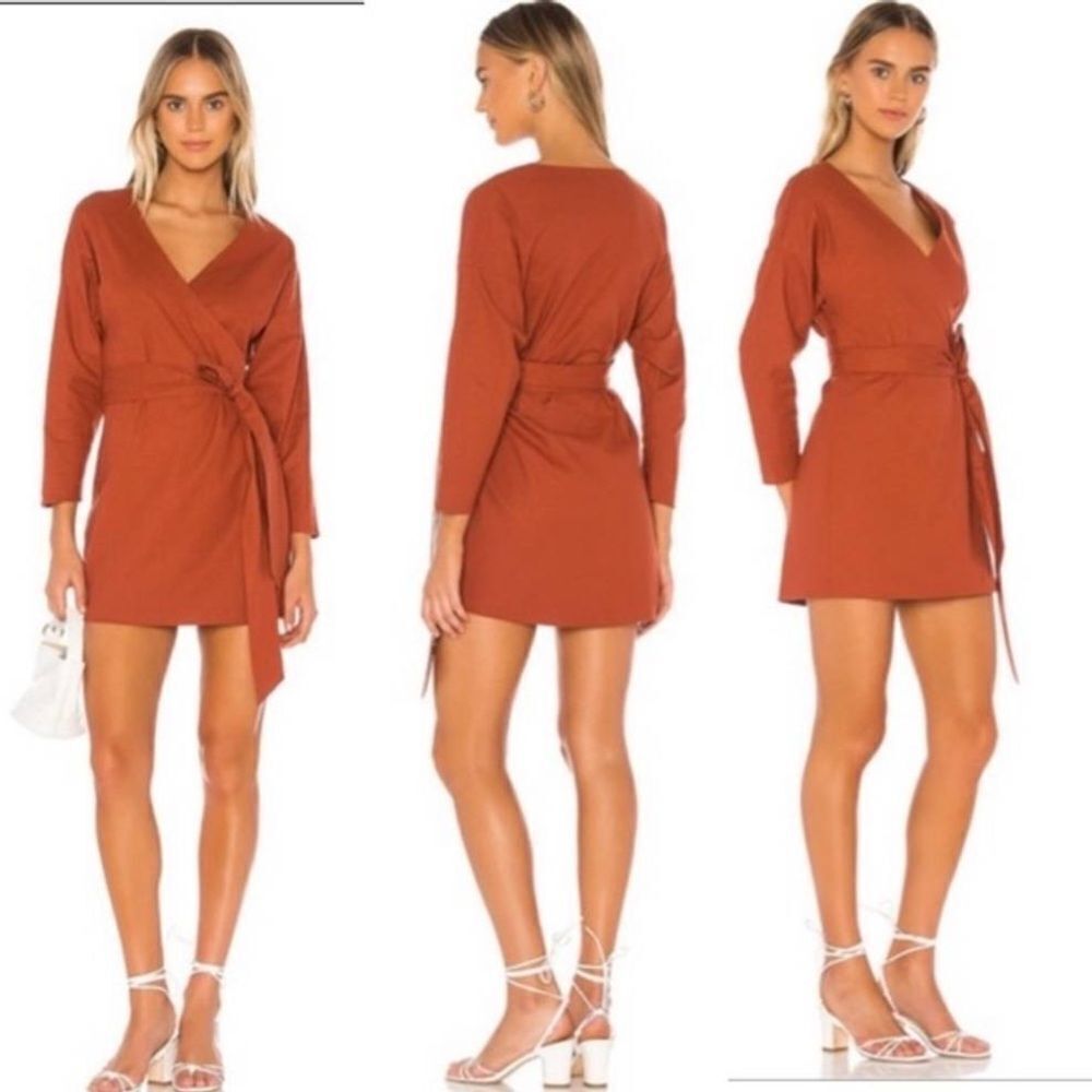 Majorelle Gina Mini Wrap Dress Long Sleeve Terracotta Brown linen‎ blend size XS